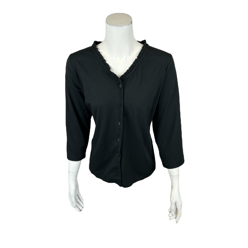 Isaac Mizrahi Button Front Knit Top with Ruffle Neck Pitch Black Medium Size